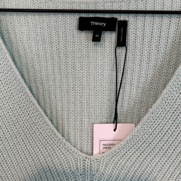 NWT Theory IWG Easy V Neck Duane Knit Sweater Light Mint Cotton Merino Wool - Picture 4 of 8